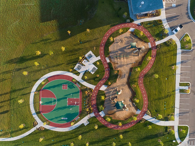 Aerial view of the amenities at Brighton Crossings in Colorado