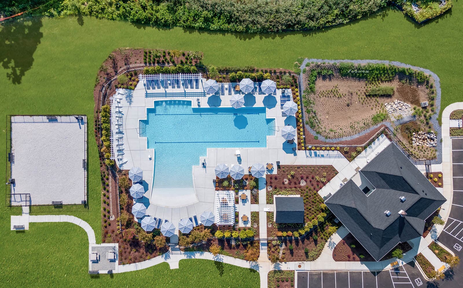 An aerial view of the amenities at Lakeside at Trappe.