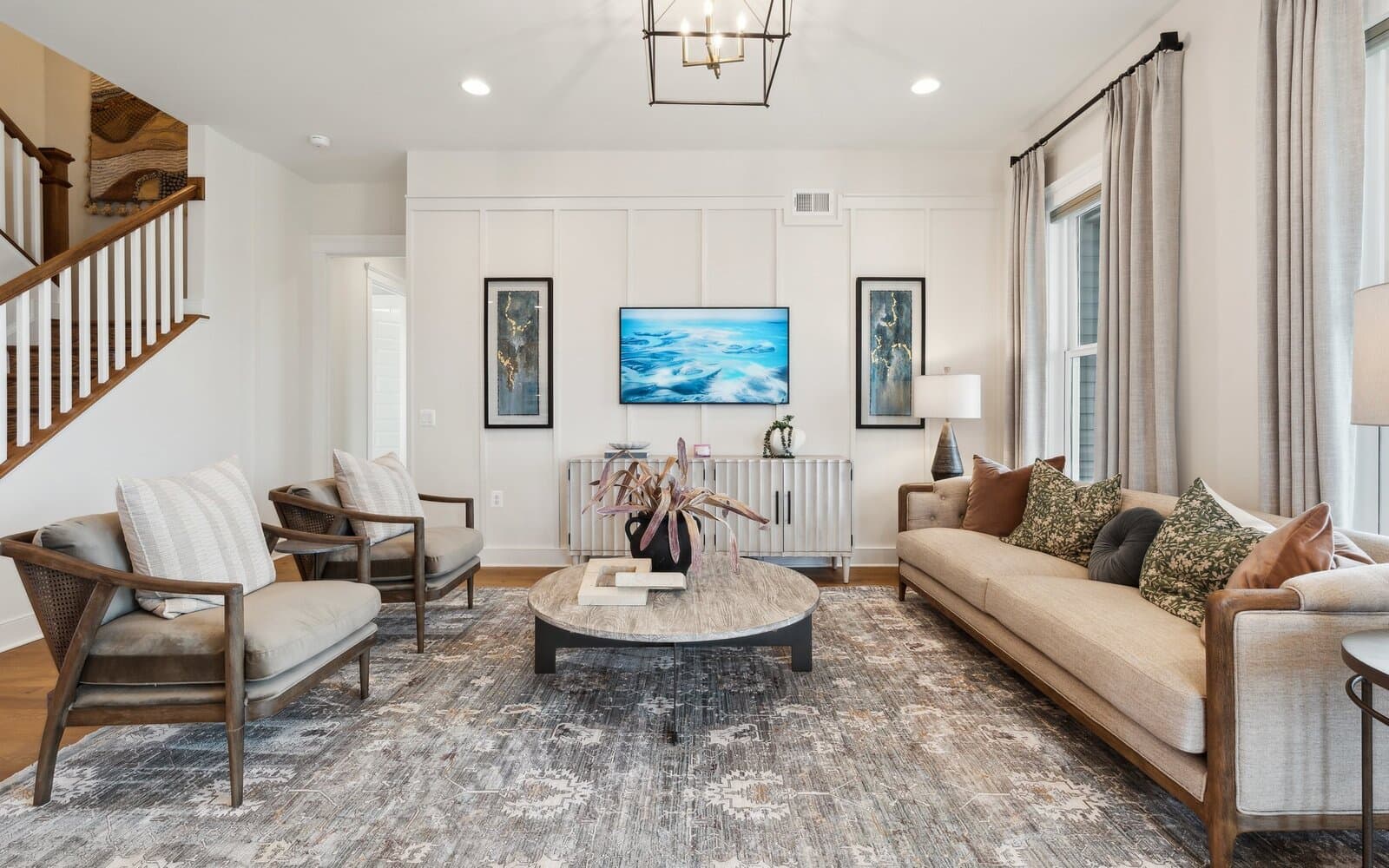 The family room in the Matisse model single family home at Lakeside at Trappe by Brookfield Residential.