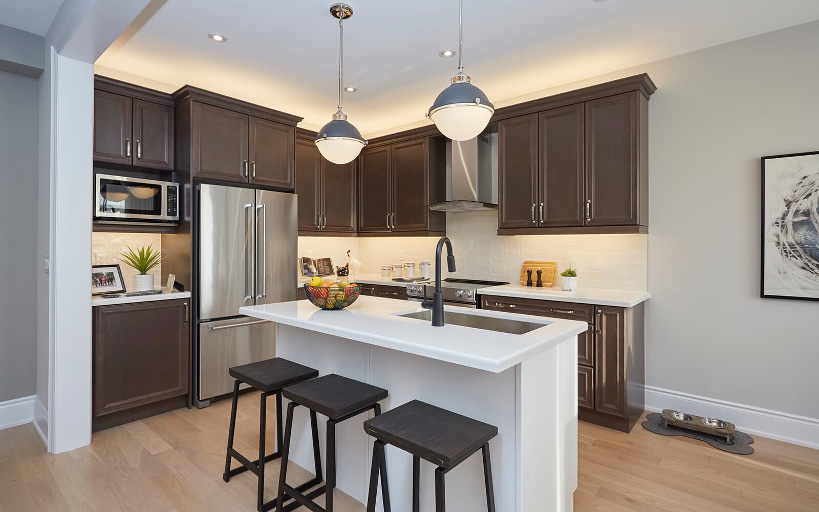 Kitchen in the Braydon Model Home at Heartland in Baxter, Ontario.