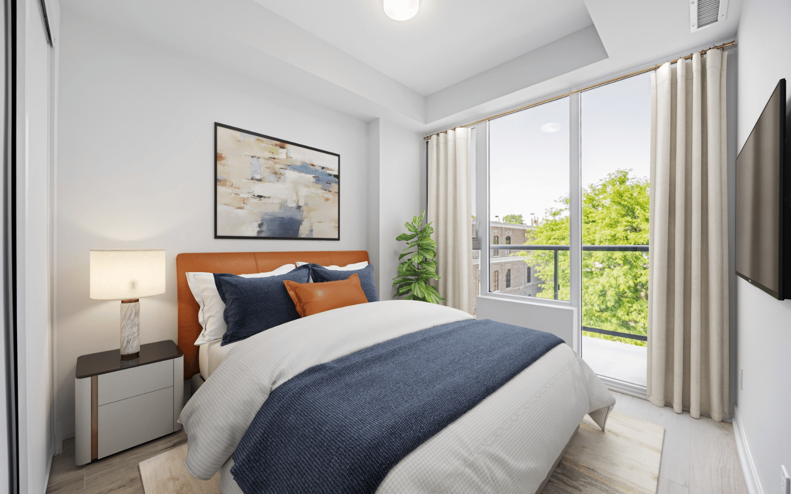 Virtually staged bedroom photo of a Walnut suite at Station No. 3 in Whitby, ON