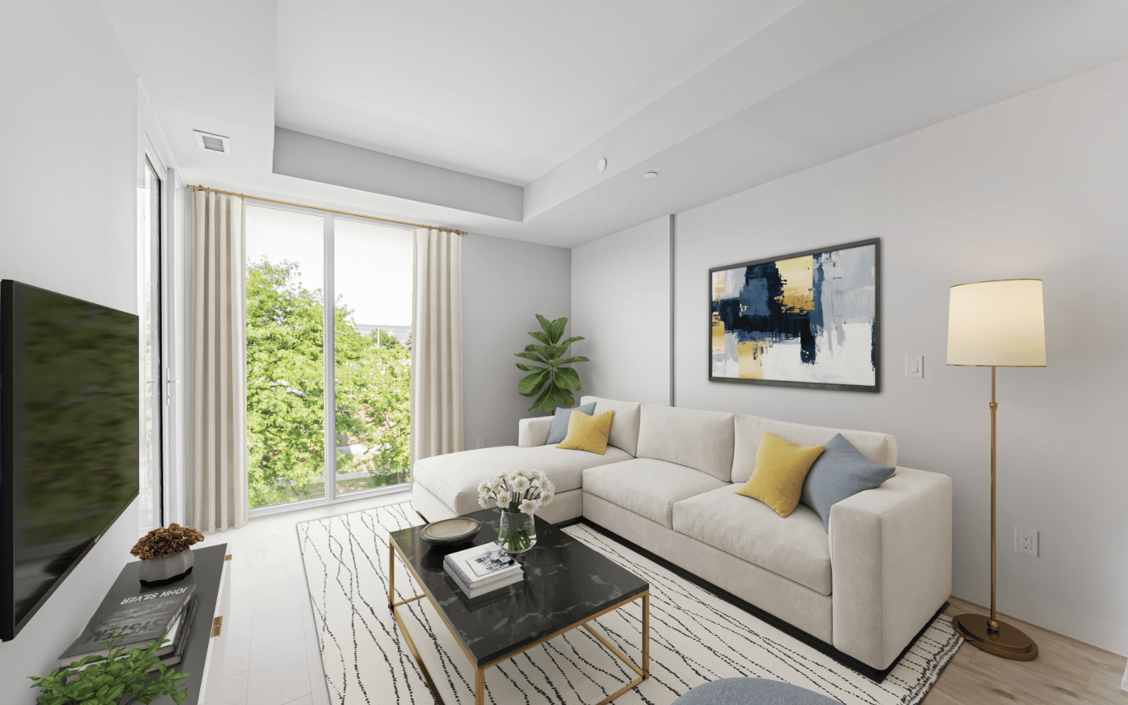 Virtually staged living area photo of a Walnut suite at Station No. 3 in Whitby, ON