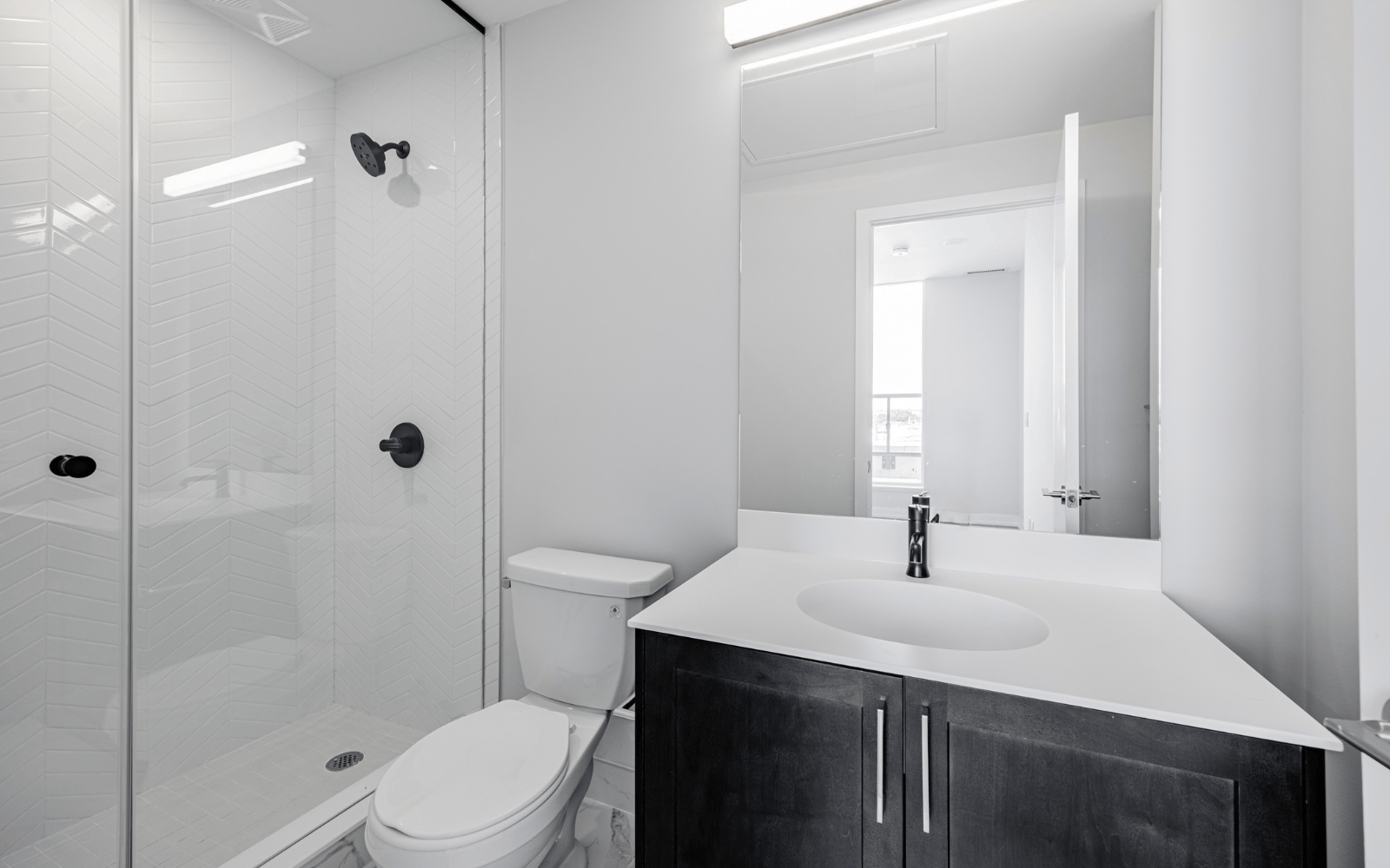 Photo of the bathroom in a Wentworth suite at Station No. 3 in Whitby, ON