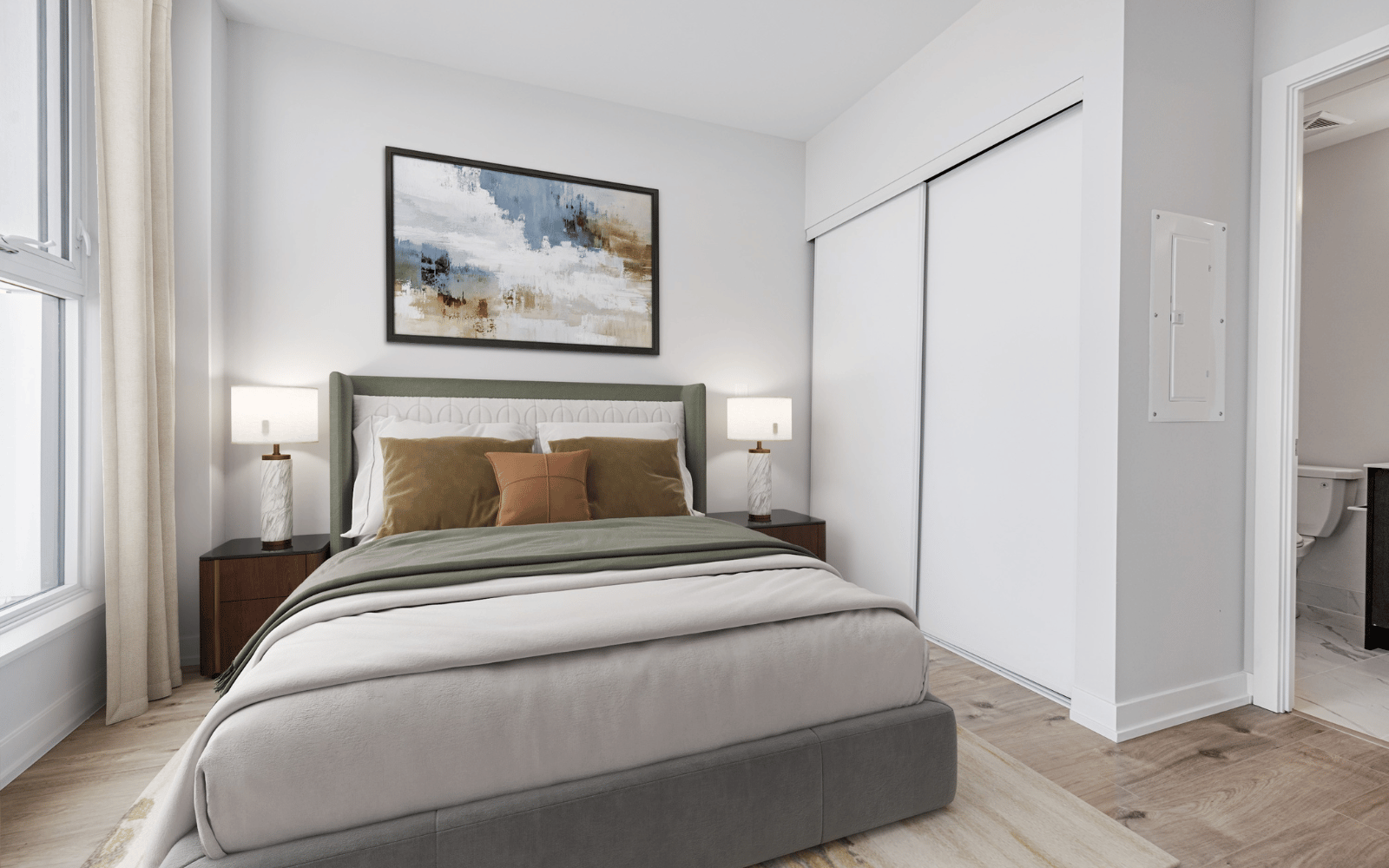 Virtually staged photo of the bedroom in a Wentworth suite at Station No. 3 in Whitby, ON