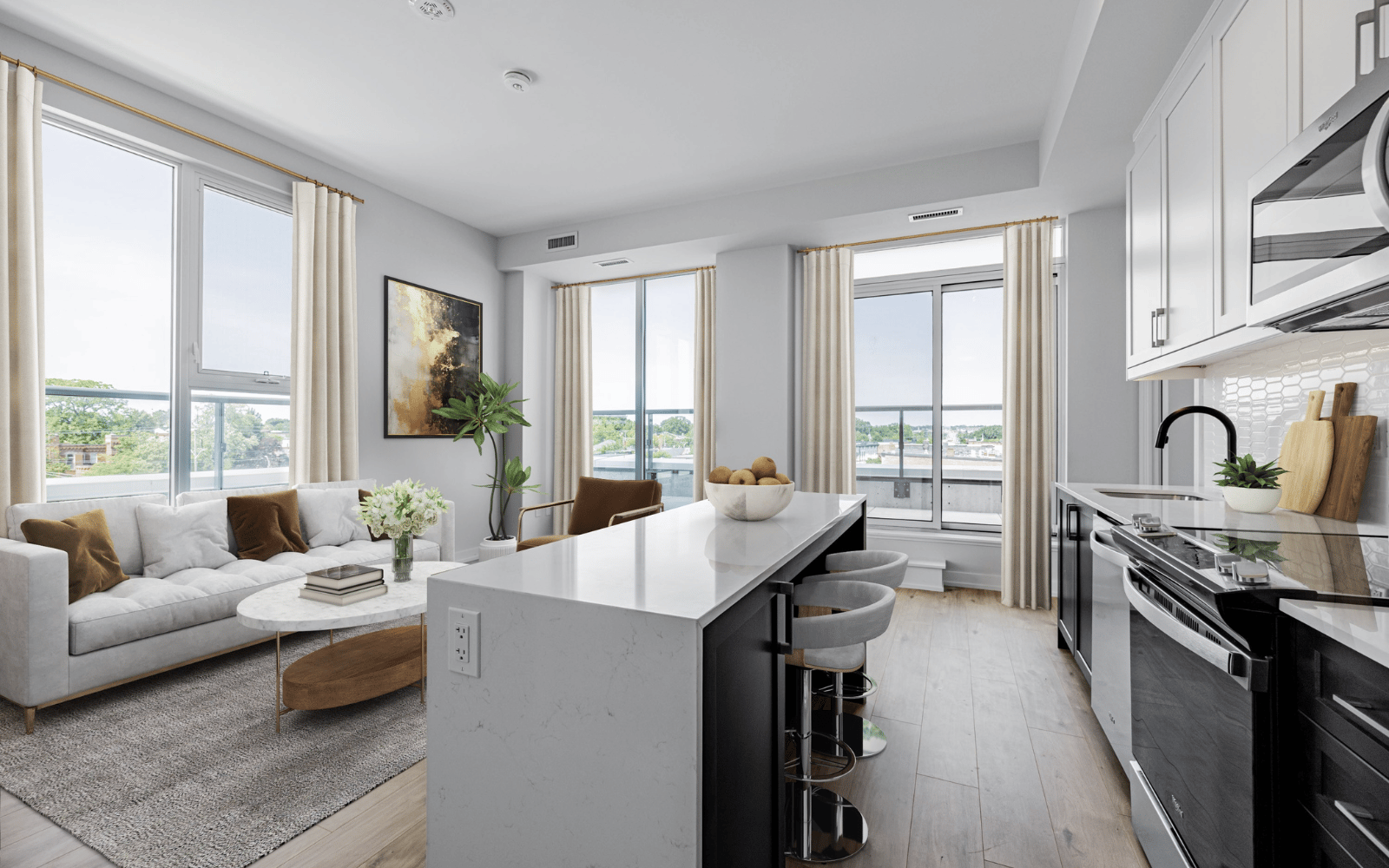 Virtually staged photo of the living area in a Wentworth suite at Station No. 3 in Whitby, ON