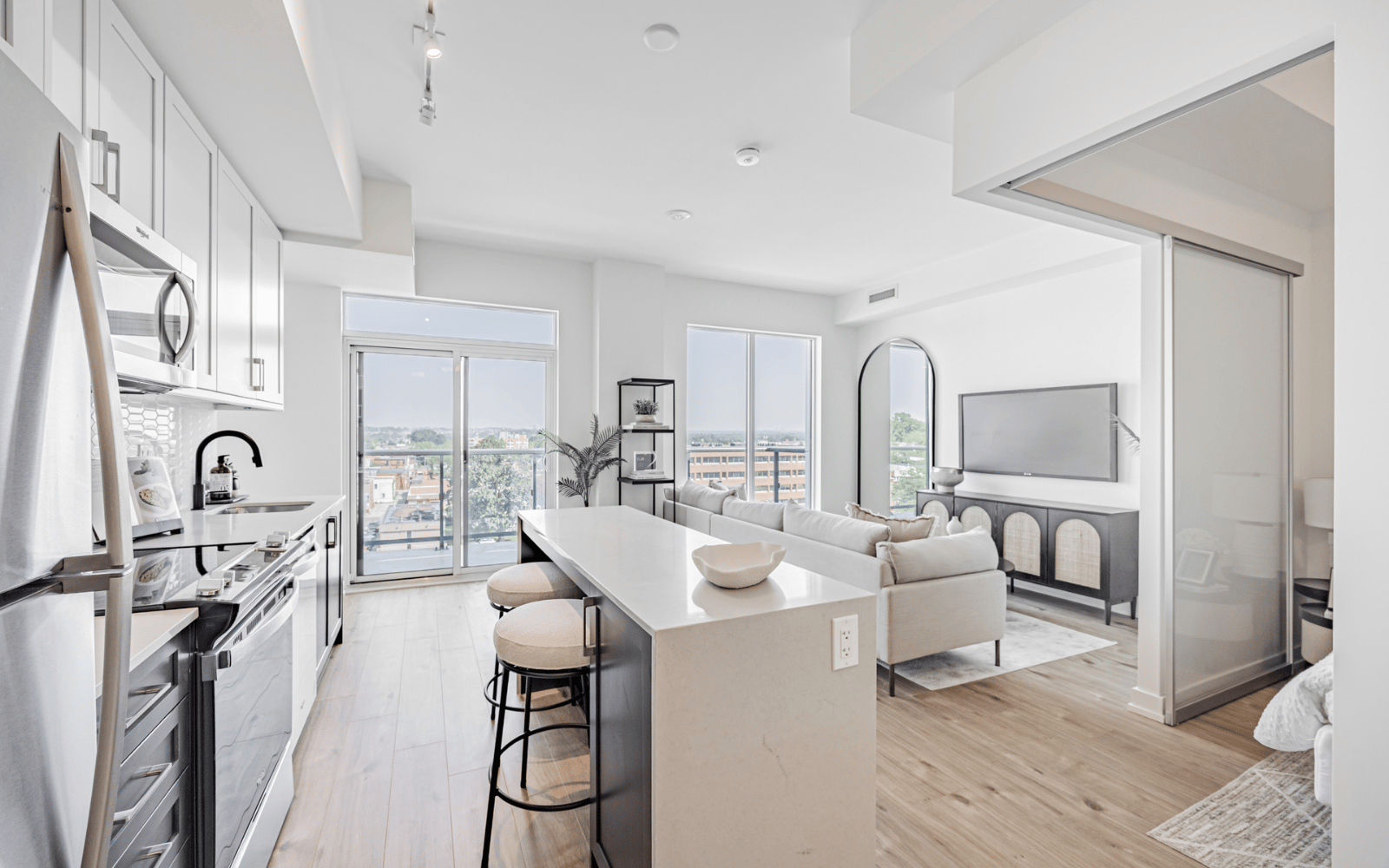 Kitchen and Living Room in a Colborne suite.