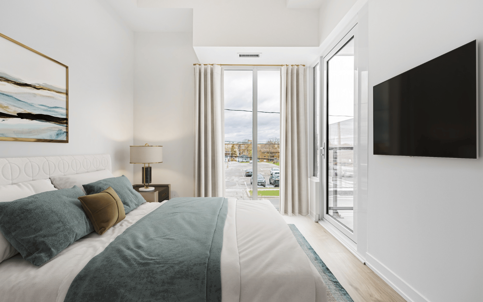 Virtually staged photo of the bedroom in Suite 101 at Station No. 3 in Whitby, ON