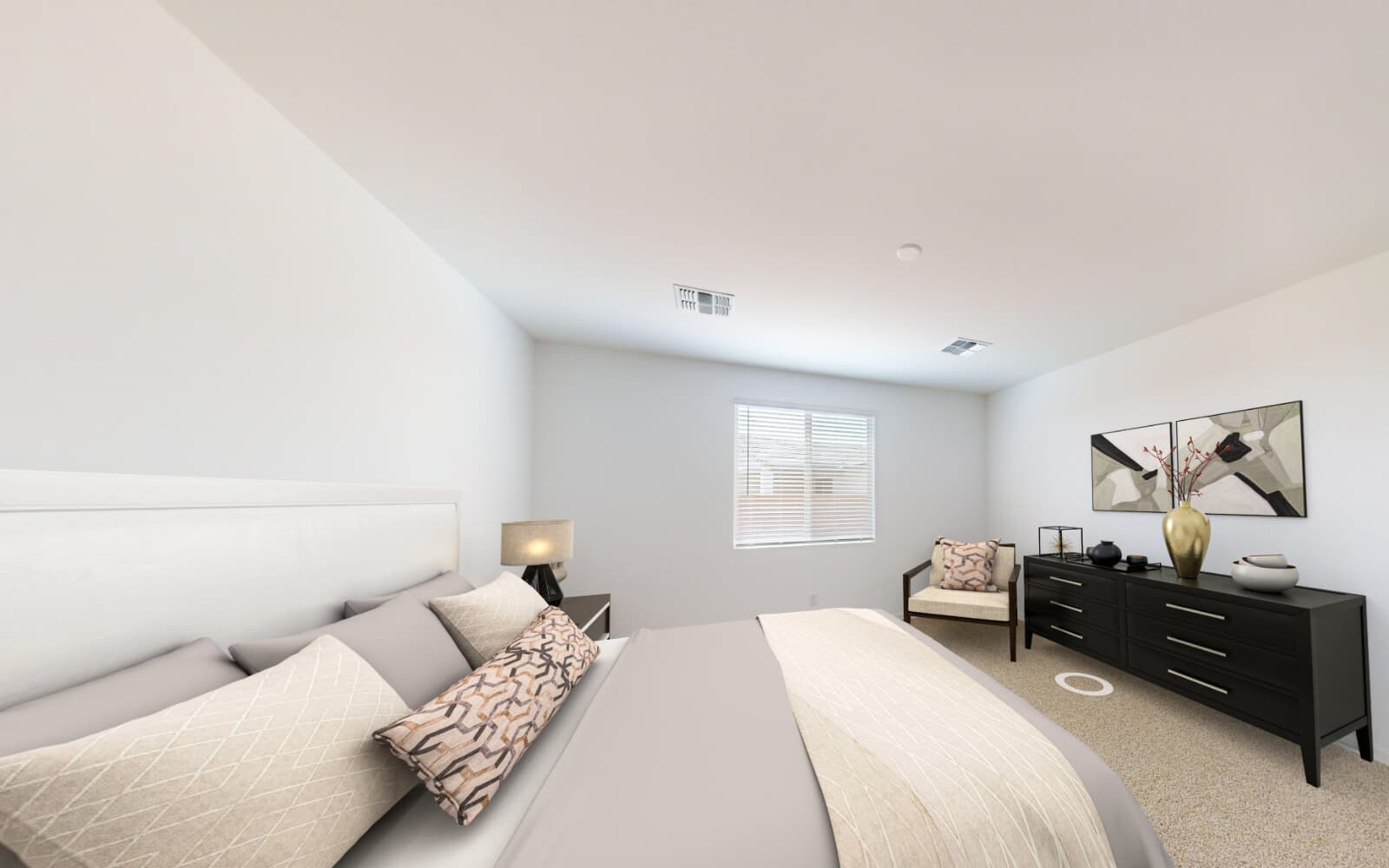 Virtually staged primary bedroom in the Clover plan