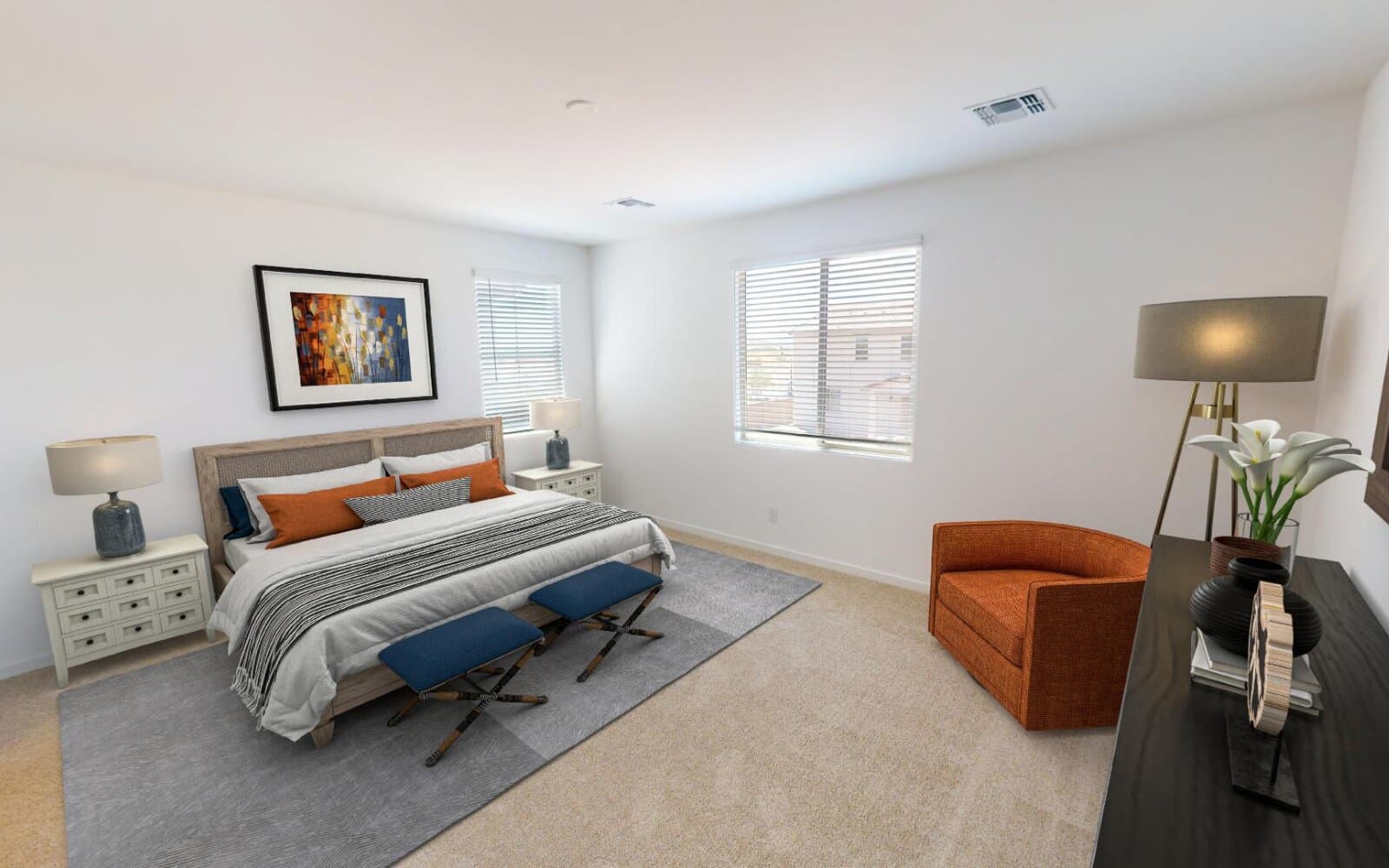 Virtually staged primary bedroom at Heritage plan in Highland Ridge