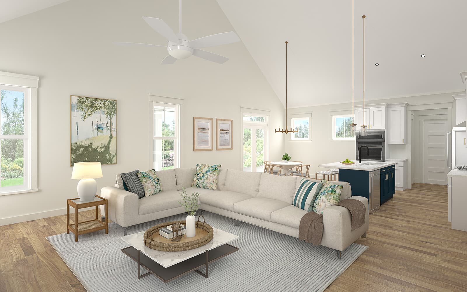 A rendering of the family room and kitchen of the Cordova single family home by Brookfield Residential at Nexton.