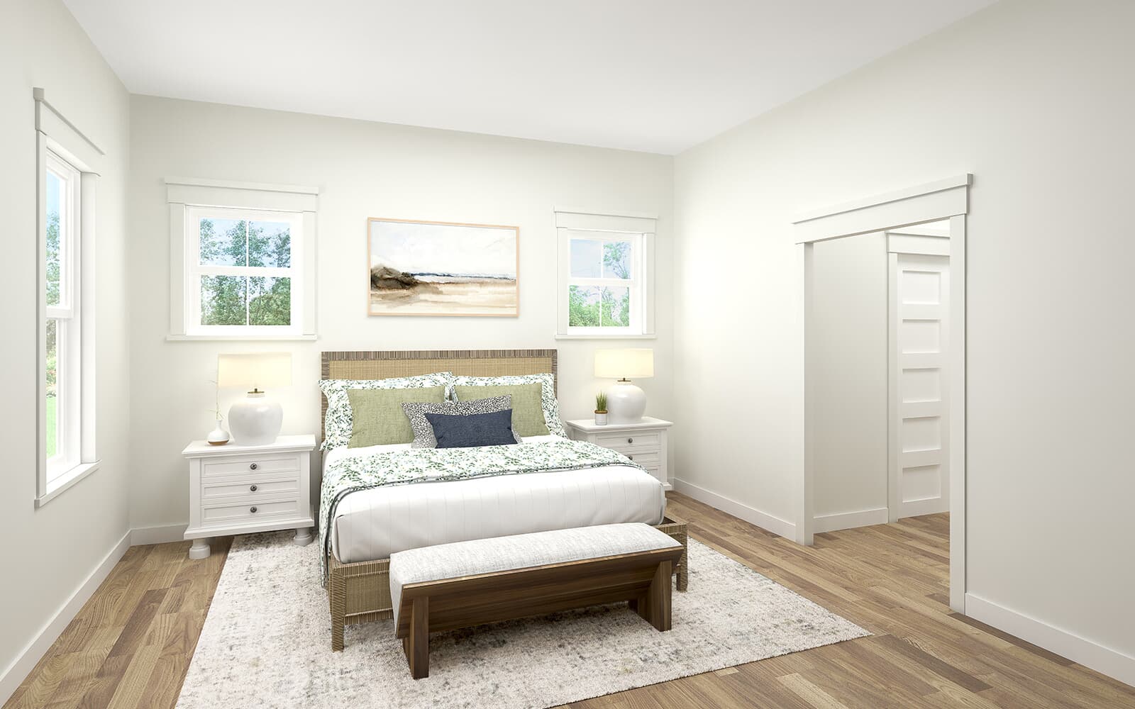 A rendering of the primary bedroom of the Cordova single family home by Brookfield Residential at Nexton.