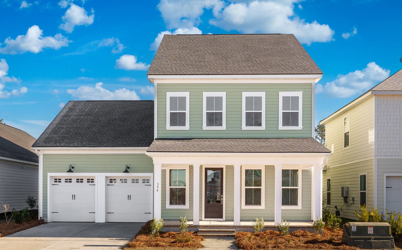 The front exterior of the Preston on homesite 1583 at Nexton.