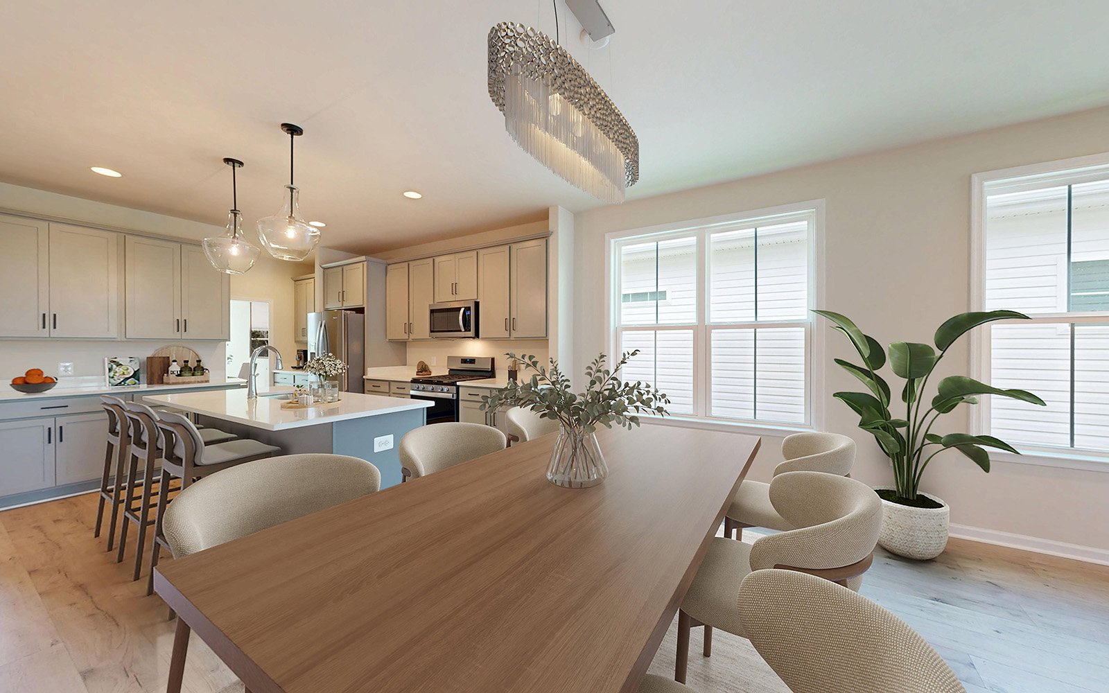 The kitchen and dining space of the Rockwell at Hiatt Pointe at Snowden Bridge.