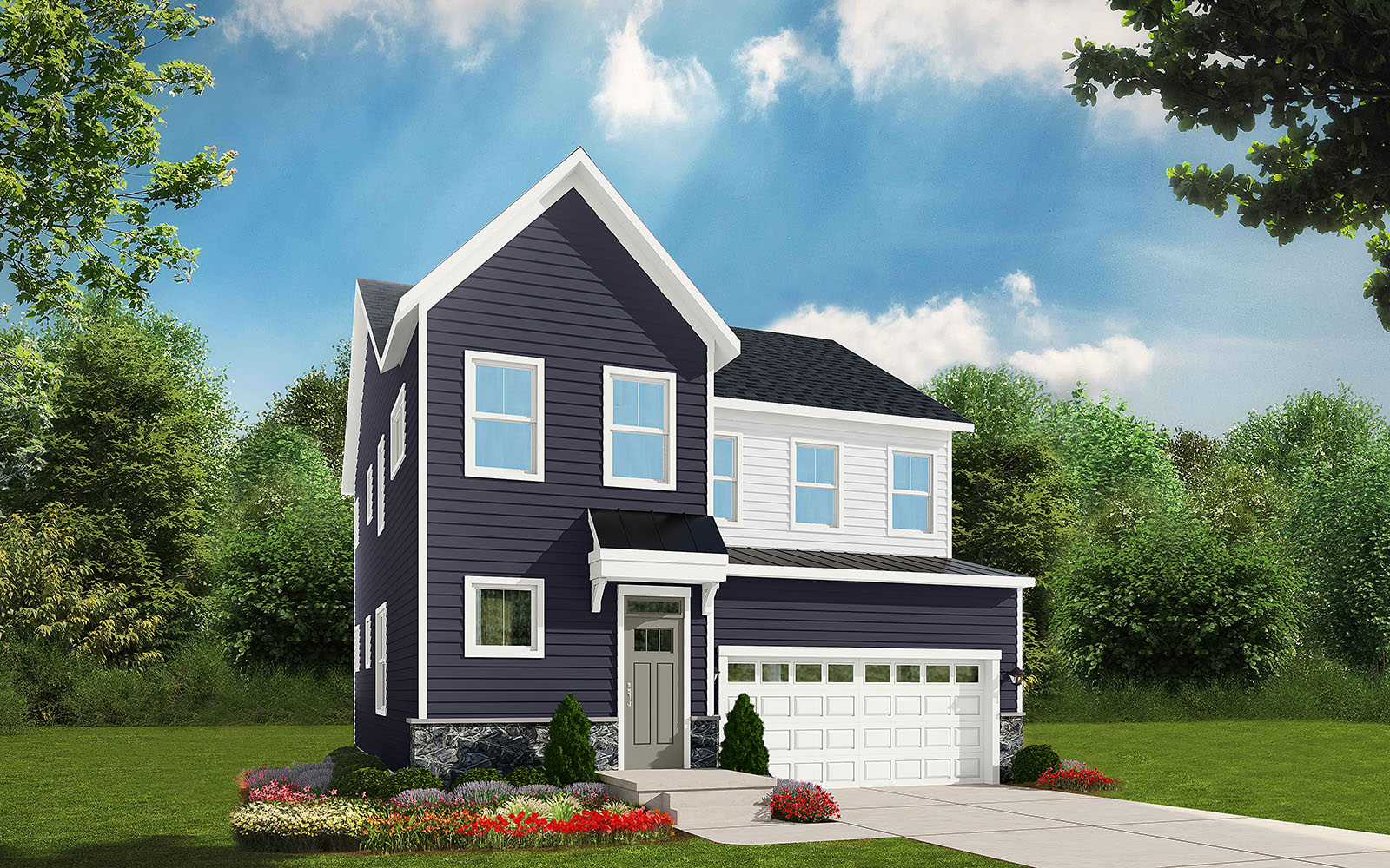 A rendering of elevation 1 of the Monroe single family home at Snowden Bridge by Brookfield Residential.
