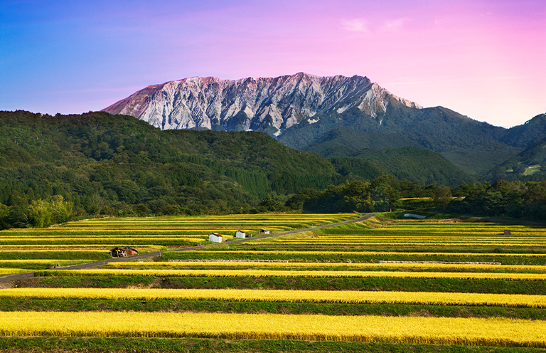 mount Daisen volcano and the rural landscape with rice fields