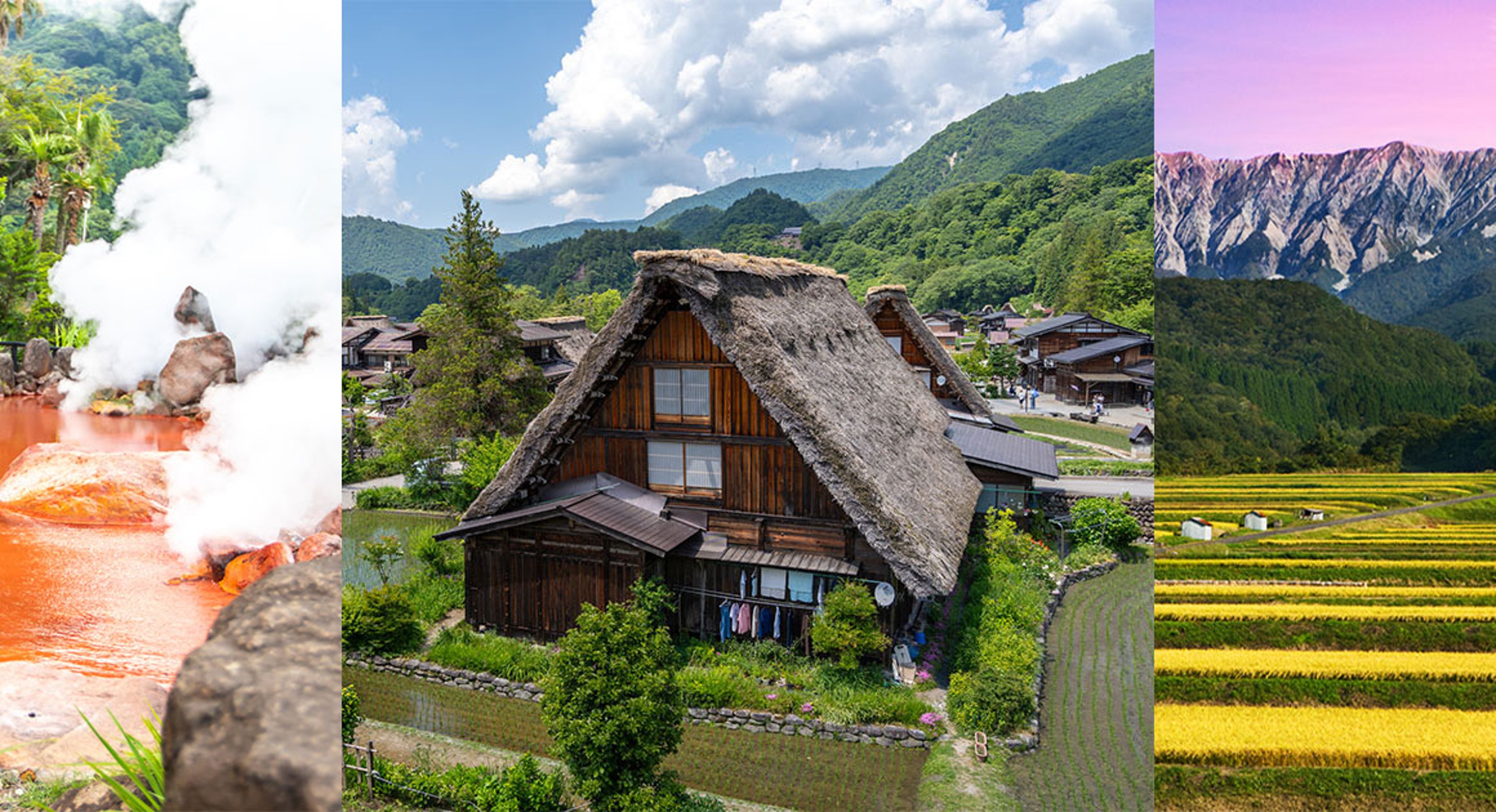 Beppu Hell Hot spring, Shirakawa-go village, Mount Daisen volcano 