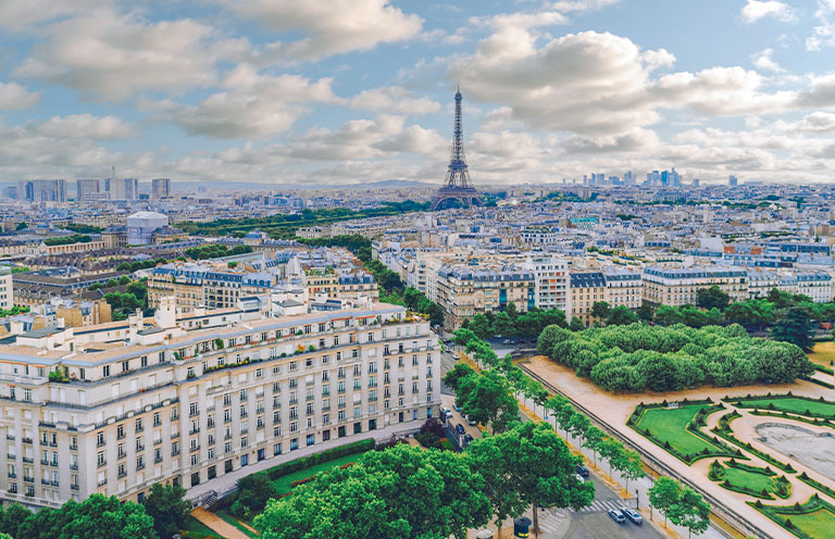 Aerial of Paris, France, featuring the Eiffel Tower, 7th Arrondissement