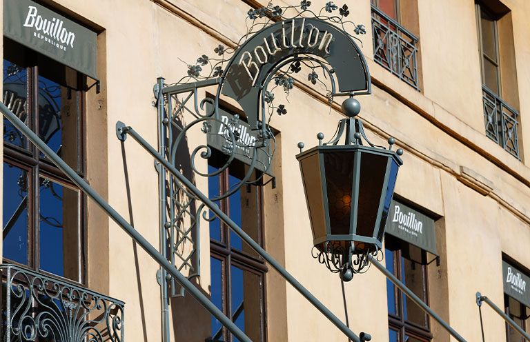 Downloaded The decorative light lamp of traditional French art nouveau restaurant Bouilln Republique located near Republique square in 3rd district of Paris.