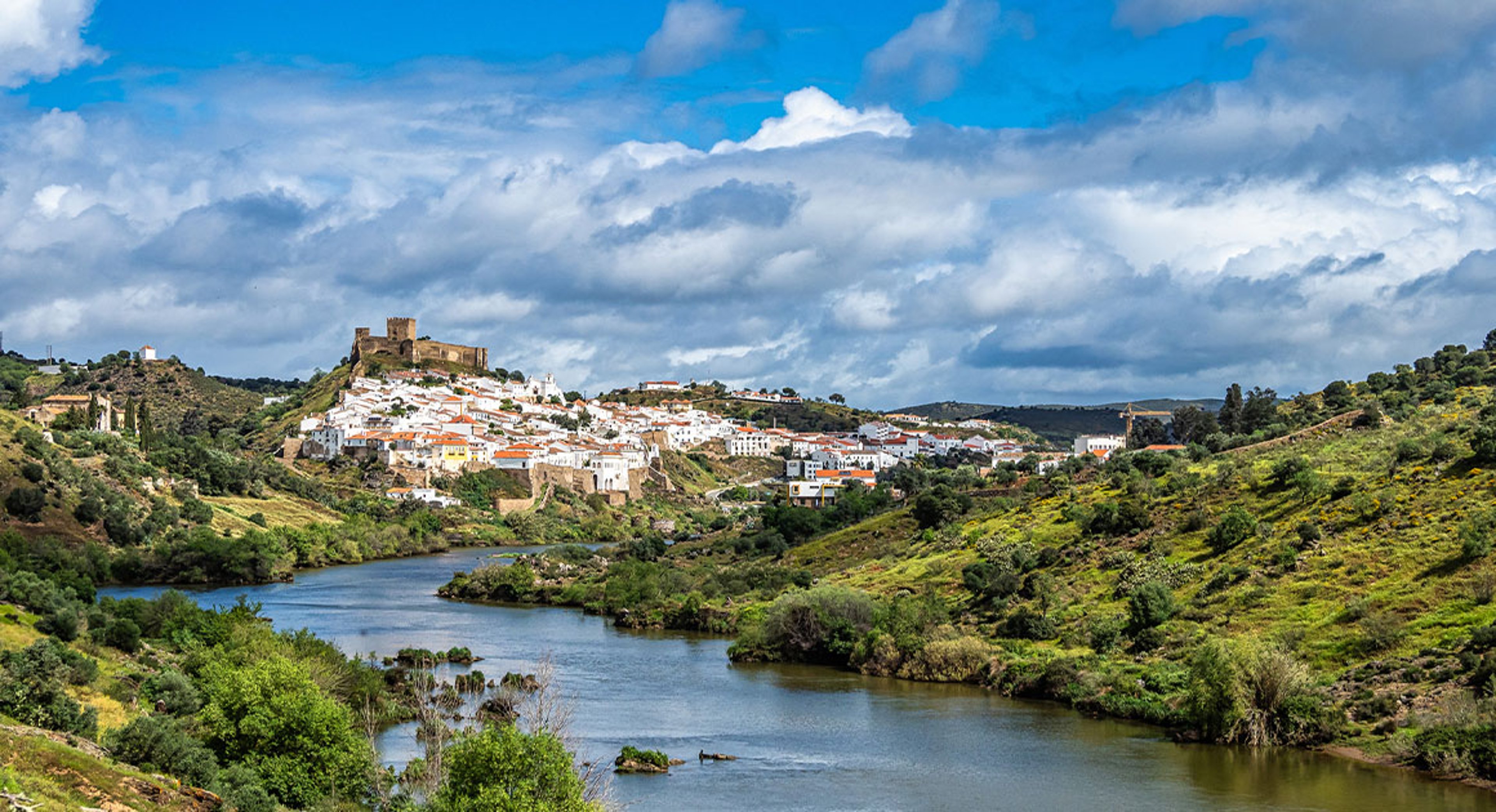 View of the river Guadiana and the village of Mertola. Alentejo Region in Portugal