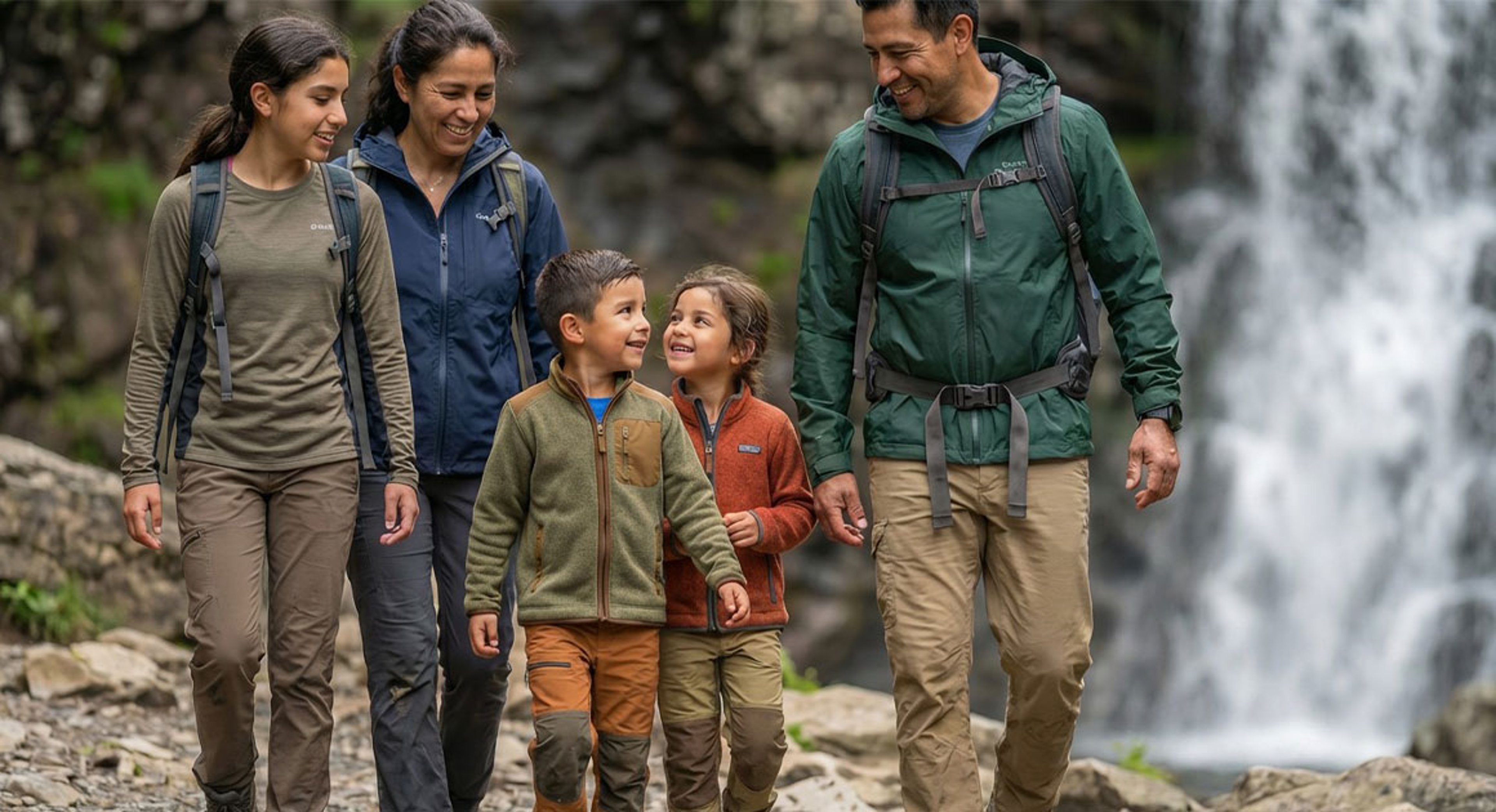 family in front of a waterfall in hiking gear