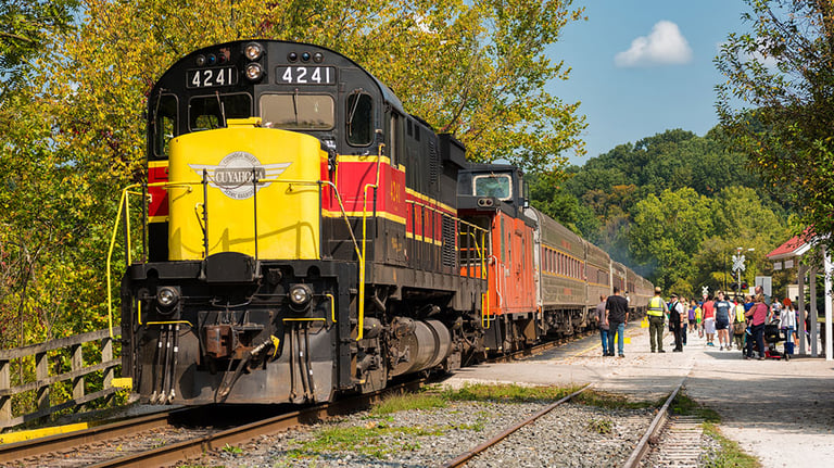 Train letting passengers on and off at the station in Peninsula during its run on the Cuyahoga Valley Scenic Railroad. Photo courtesy of iStock.com/PapaBear