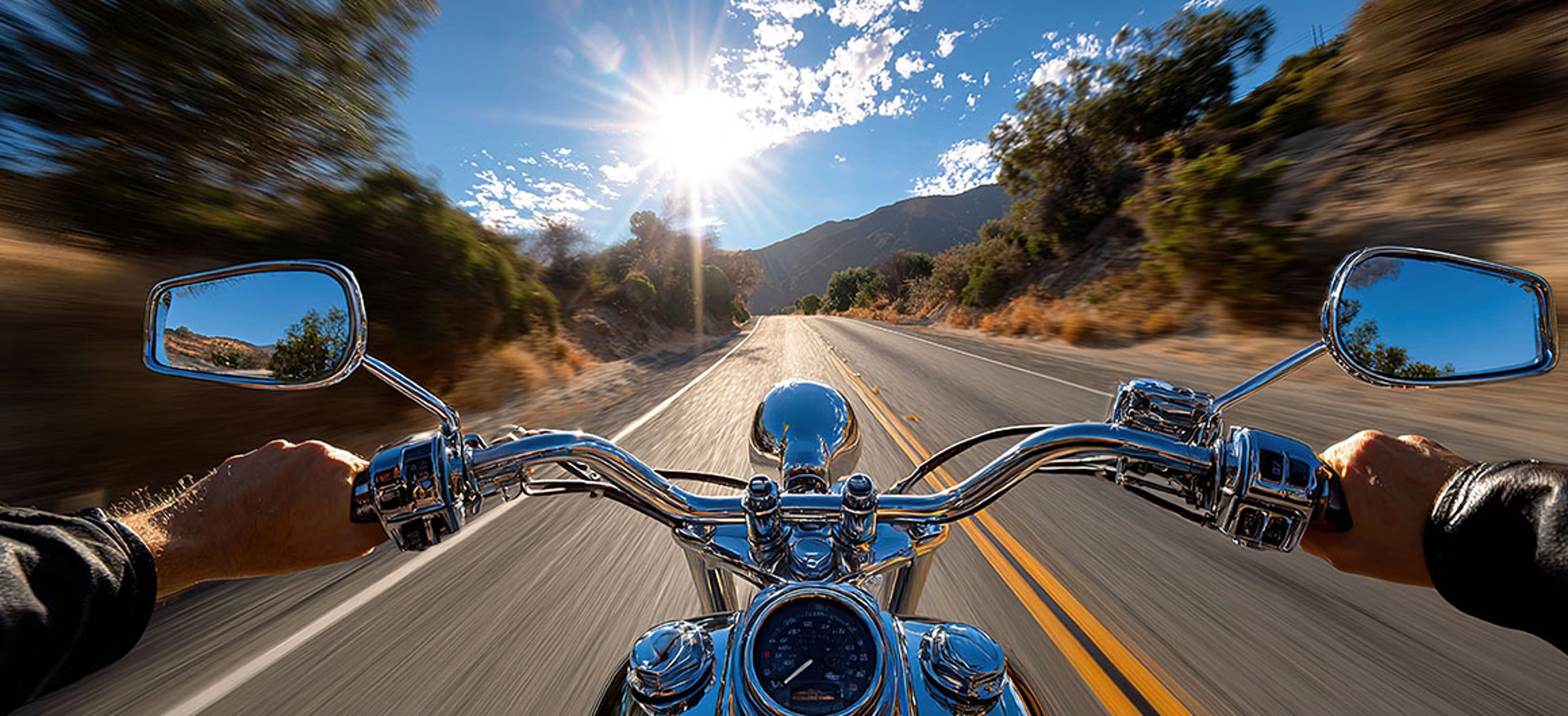 Open Road Motorcycle Adventure: A first-person perspective captures the thrill of a motorcycle ride, the open road stretches ahead under a radiant sky; By Ball