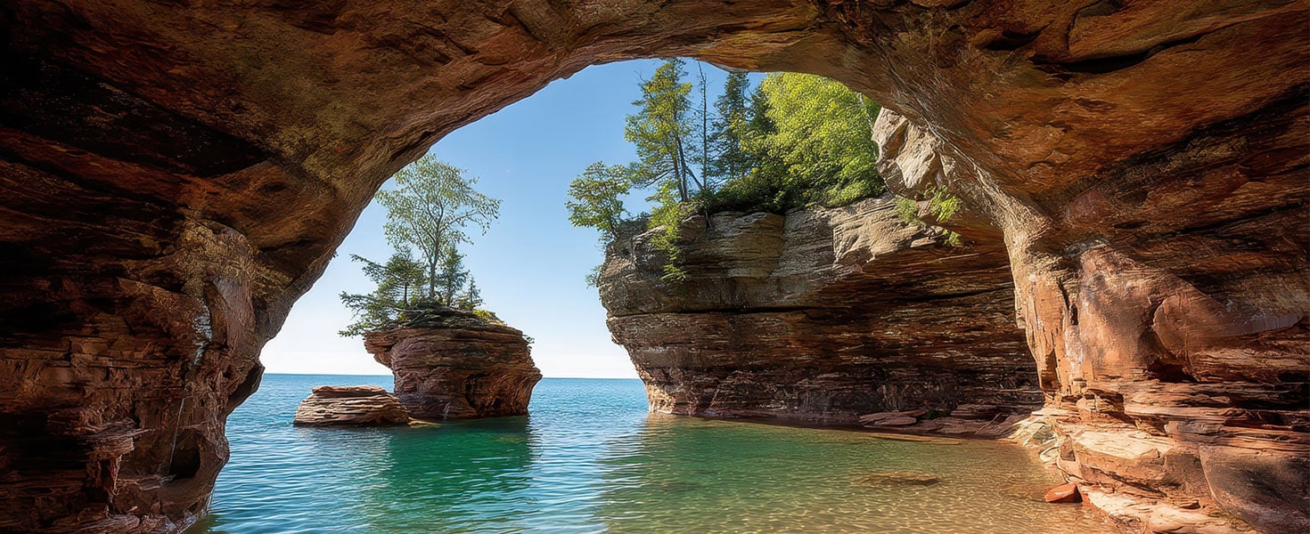 Majestic Arch along the Coast of Devils Island in Apostle Islands, Wisconsin: Nature's Blue Ocean and Stone Cliff Landscape By Olena