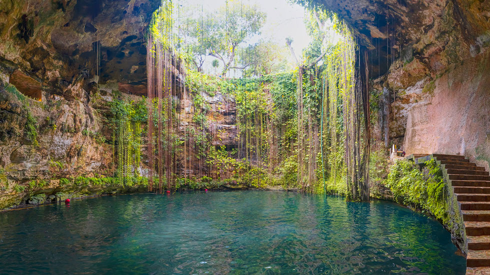 Lovely cenote in Yucatan Peninsulla with transparent waters and hanging roots. Chichen Itza, Mexico. Photo by murat4art