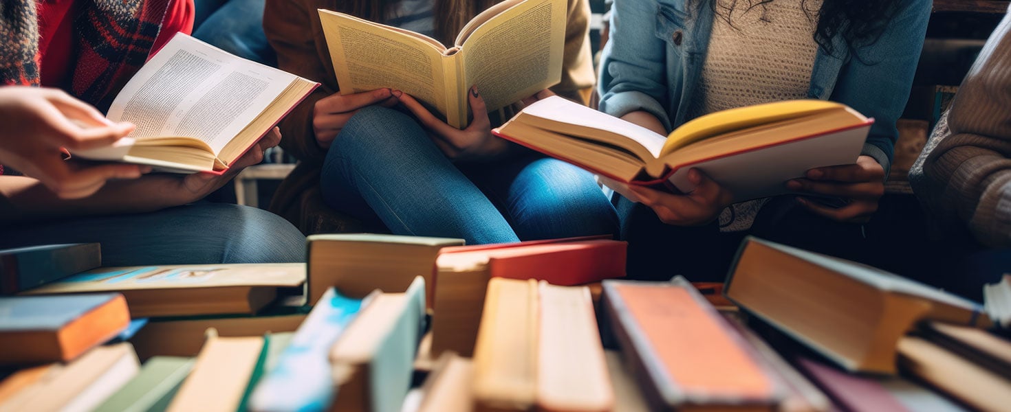 A group of friends reading books together. Created with Generative AI technology. By MP Studio