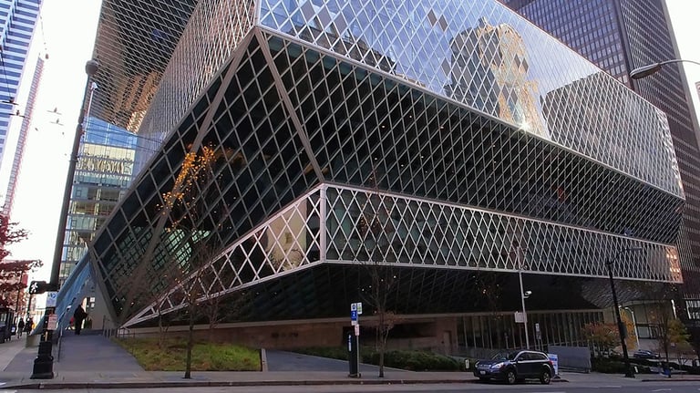 The ultra-modern steel and glass Seattle Public Library photographed on November 23, 2013. Credit: Edward Palm/iStock.com