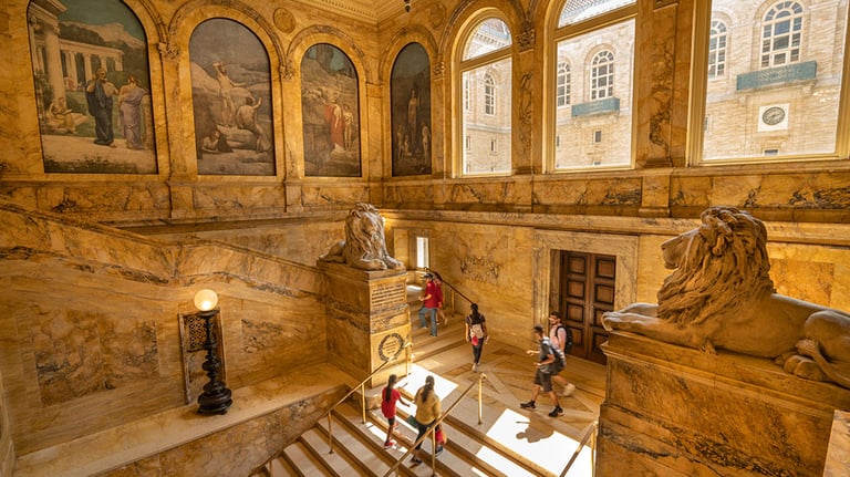 Boston, Massachusetts, USA – July 20, 2022: Ornate interior steps and entrance of the historic Renaissance style architecture of the Boston public library in the Back Bay District neighbourhood of downtown Boston Massachusetts USA Credit:Pgiam