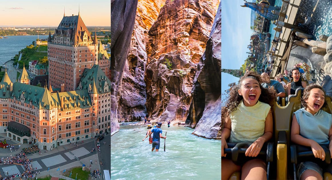 photo collage, quebec city, bryce canyon national park, kids on universal theme park ride