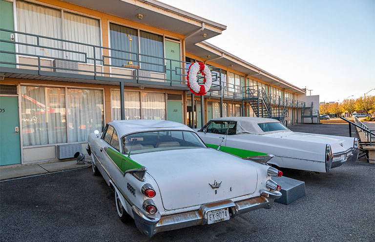 The Balcony and Vintage Cars at Lorraine Motel and National Civil Rights Museum in Memphis, Tennessee