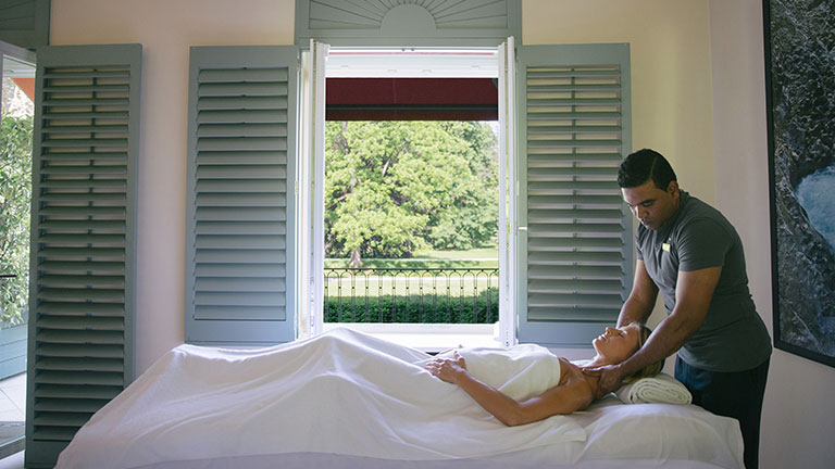 A spa therapist performs a massage treatment at Villa Stéphanie Spa at Brenners Park-Hotel in Baden-Baden, Germany.