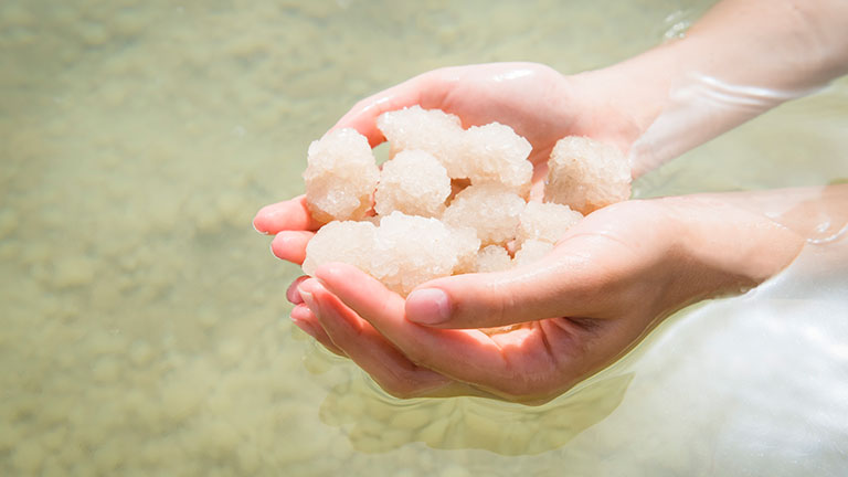 Hands hold mineral-rich salt crystals collected from the Dead Sea.