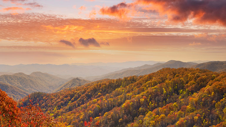 Rolling hills covered in autumn treetops during a vibrant sunset in the Smokey Mountain national park in Tennessee; photo by D. Lentz