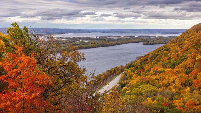 A scenic view of the Mississippi River during autumn; photo by John_Brueske/iStock.com