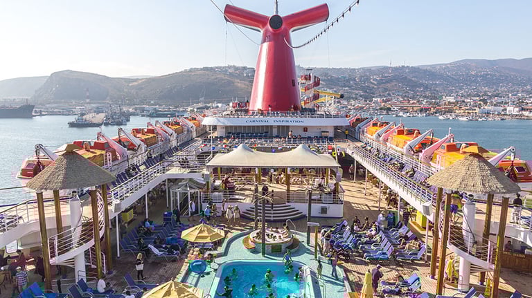An aerial view of a cruise ship Carnival Inspiration pool area in Ensenada port. By Mariakray
