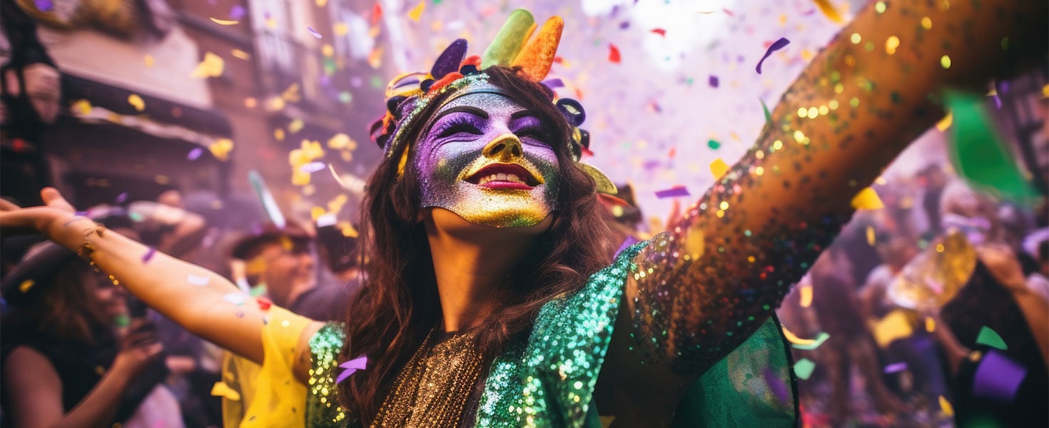 Woman wearing mask and beads celebrating at Mardi Gras