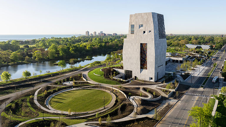 Aerial view of the Obama Presidential Center campus in Chicago's Jackson Park