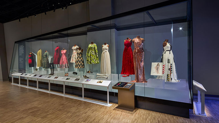 Display of Michelle Obama's dresses and fashion pieces at the Obama Presidential Center museum