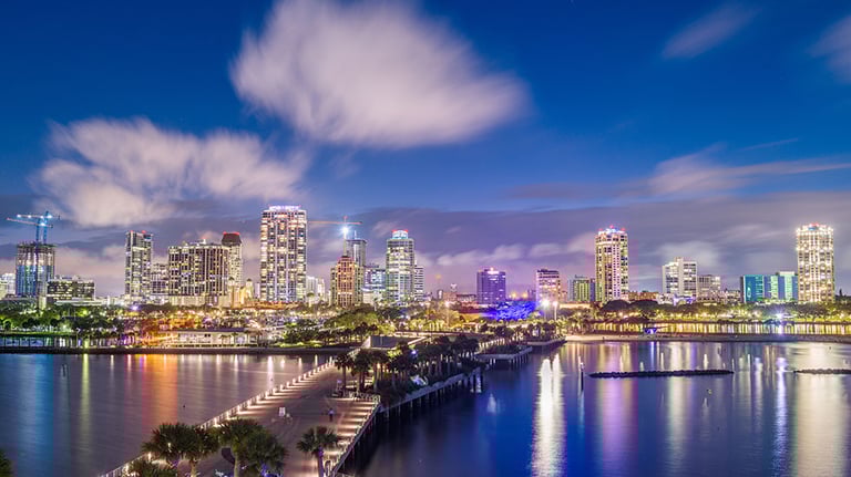 St. Petersburg, Florida, USA downtown city skyline from the pier at night. Photo by Sean Pavone