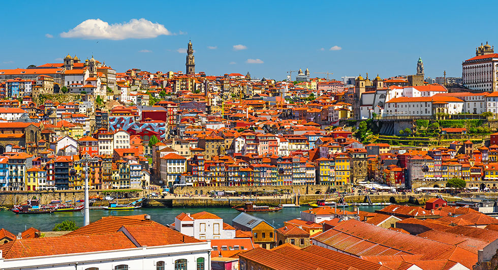 Porto, Portugal's old town view from Villa Nova de Gaia across the Douro River; photo by samael334/adobestock.com