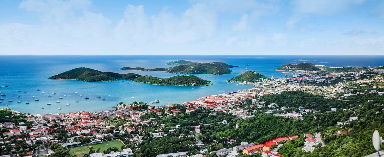 View of St. Thomas and surrounding cays from above; photo courtesy of U.S. Virgin Islands Department of Tourism