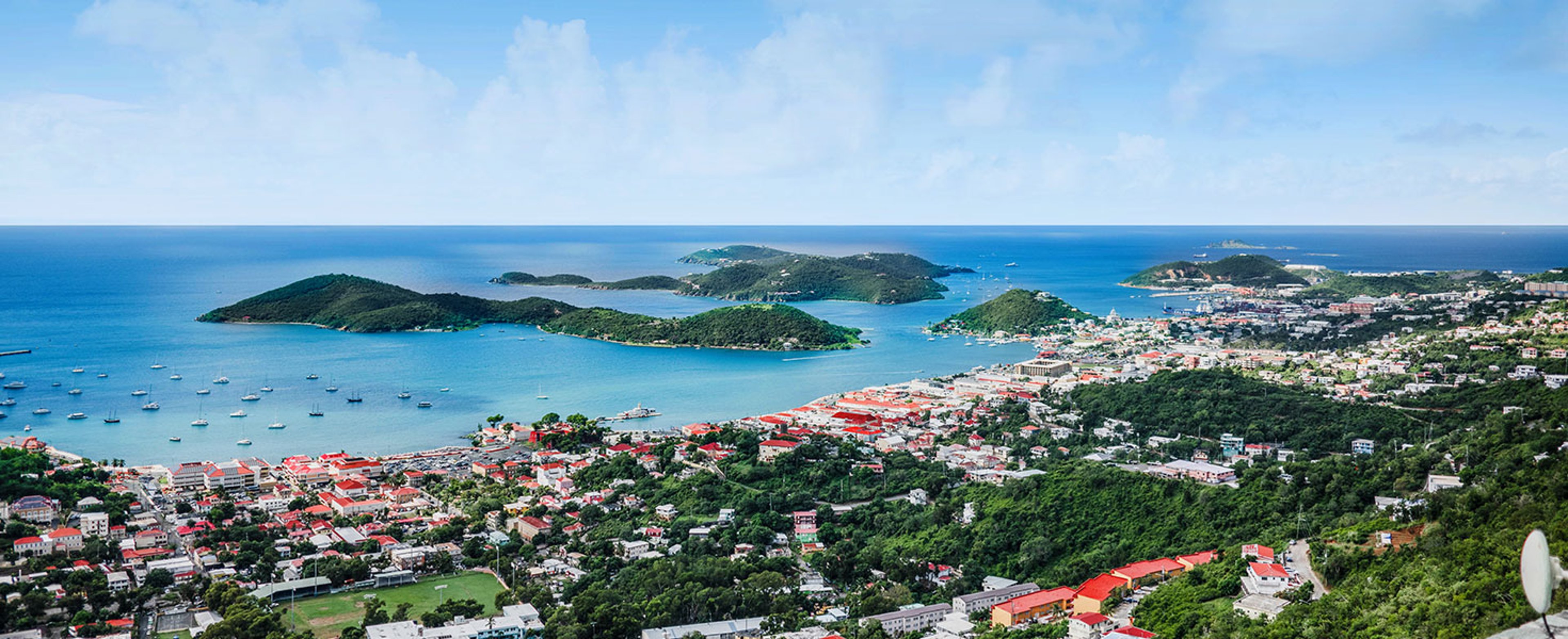 View of St. Thomas and surrounding cays from above; photo courtesy of U.S. Virgin Islands Department of Tourism