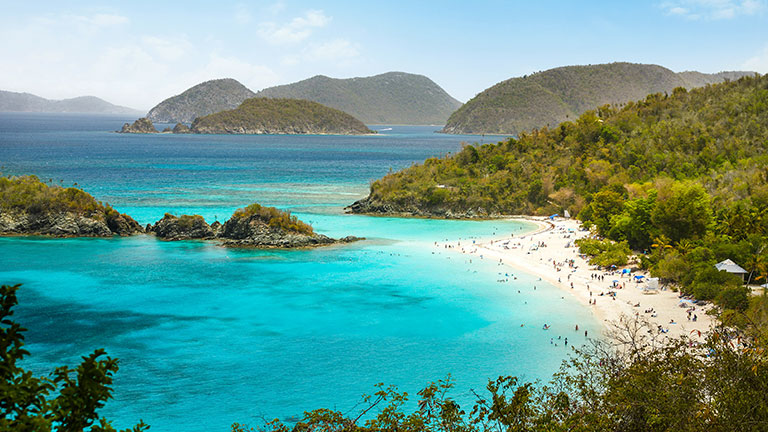 Trunk Bay’s turquoise waters and white-sand beach; photo courtesy of U.S. Virgin Islands Department of Tourism
