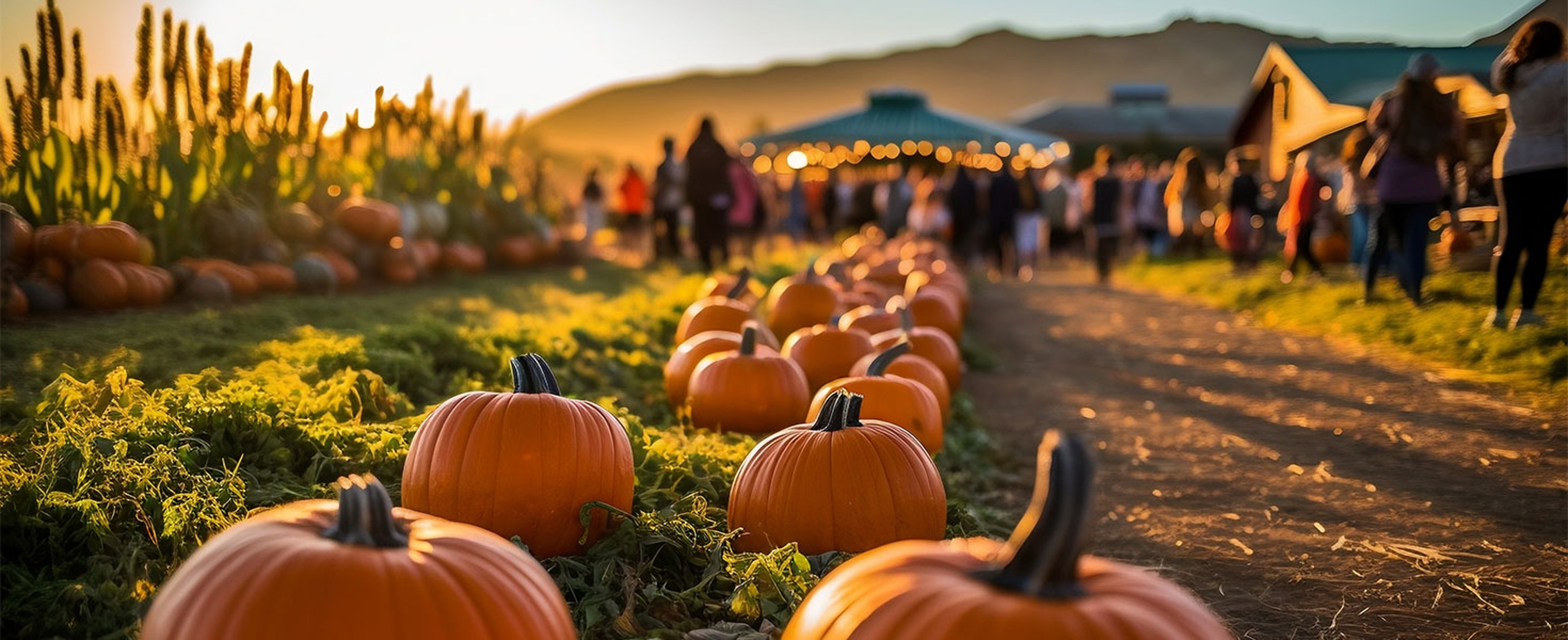 Fall festival featuring pumpkins with tents in the background