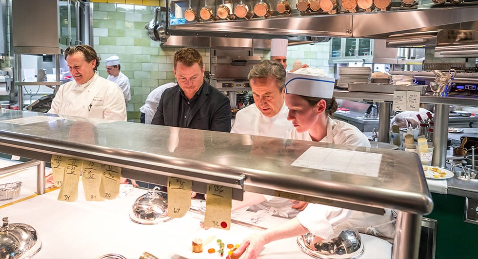 Cornelius Gallagher, Celebrity Cruises, AVP Food and Beverage Operations, with Chef Daniel Boulud, cooking together at Daniel Credit: Celebrity Cruises