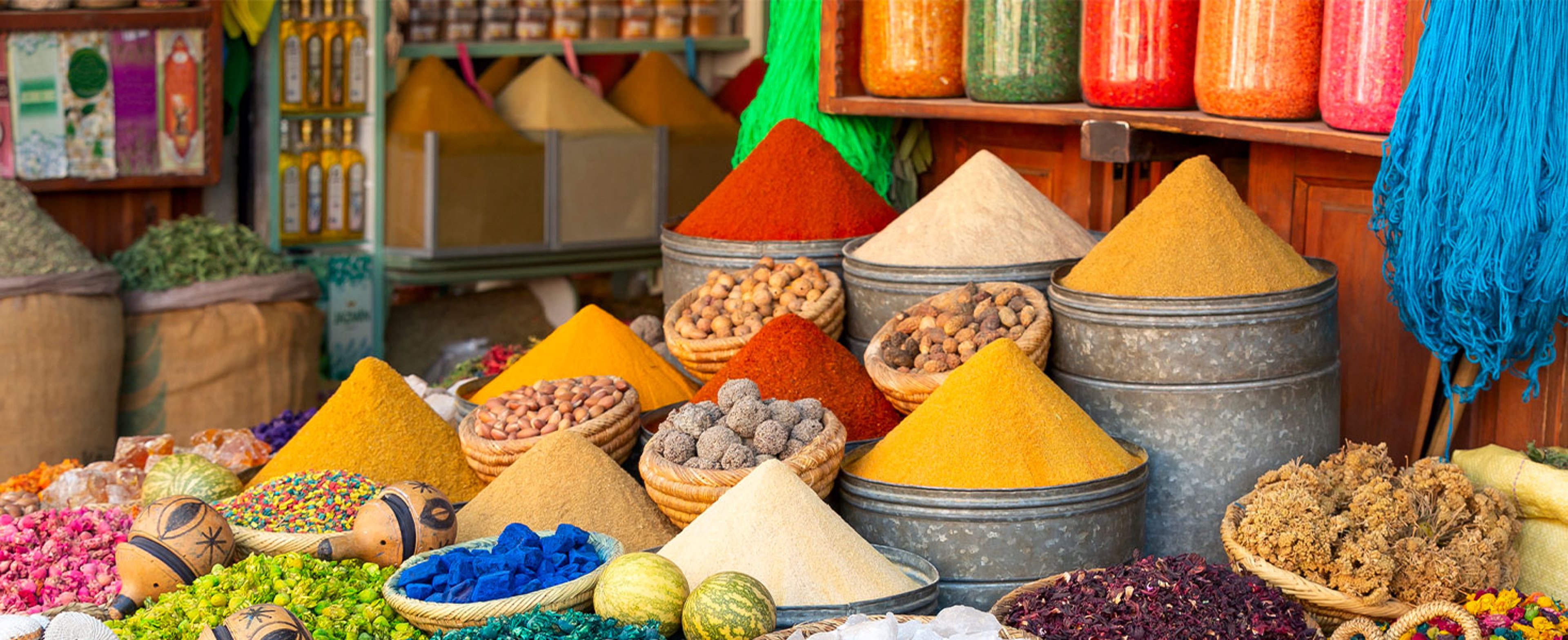 Colorful spices and dyes found at souk market in Marrakesh, Morocco