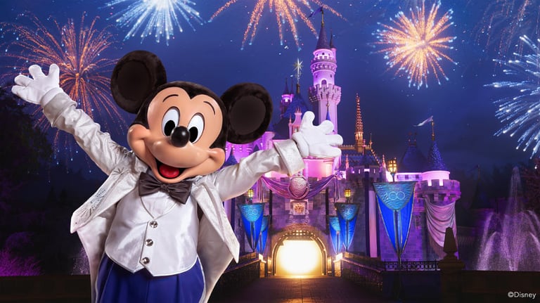 Micky Mouse in front of castle in Disneyland, California